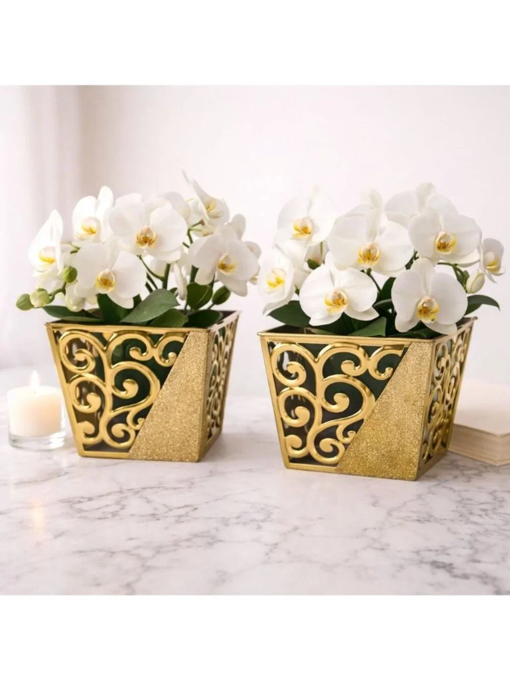 Gold Metal Planter Set Decorative Glam Wedding Centerpiece Hollywood Regency